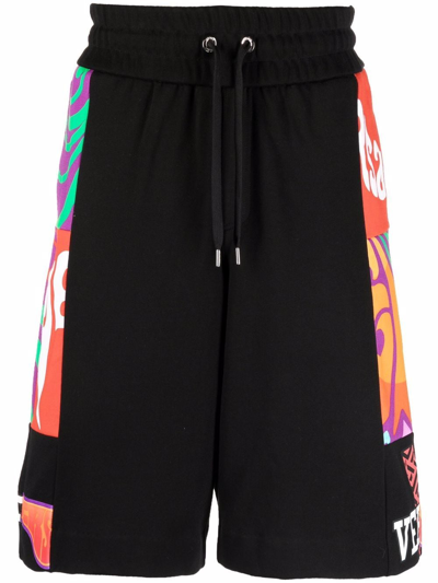 Versace Abstract-print Cotton Track Shorts In Nero