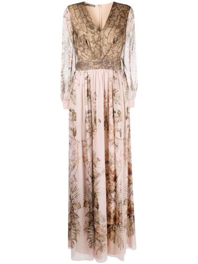 Alberta Ferretti Floral Snakeskin-print Evening Dress In Pink