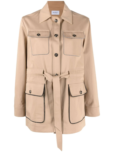 Ferragamo Pocket-detail Belted Jacket In Neutrals