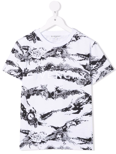 Givenchy Kids' White And Black Abstract Print Logo T-shirt In Bianco/nero