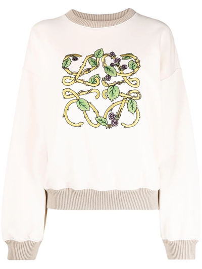 Loewe Ecru Crew-neck Sweatshirt With Floral Anagram Embroidery In Neutral