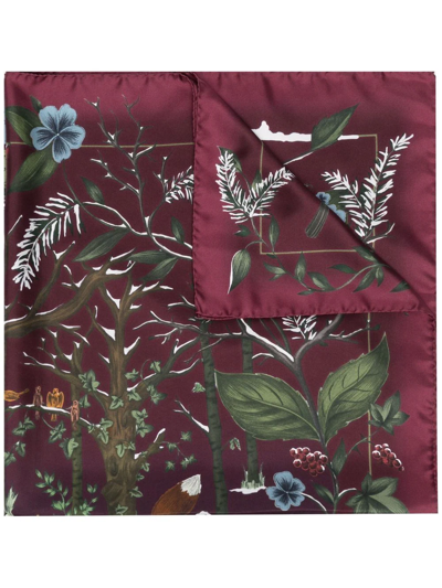 Aspinal Of London Woodland-print Silk Scarf In Burgundy