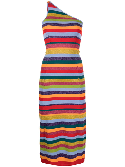 Milly Multi Stripe One Shoulder Knit Midi Dress