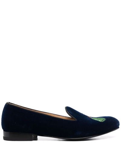 Scarosso Daisy Embroidered Velvet Slippers In Blue - Velvet