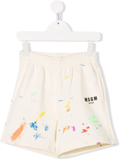 Msgm Kids' Painterly-print Track Shorts In Cream