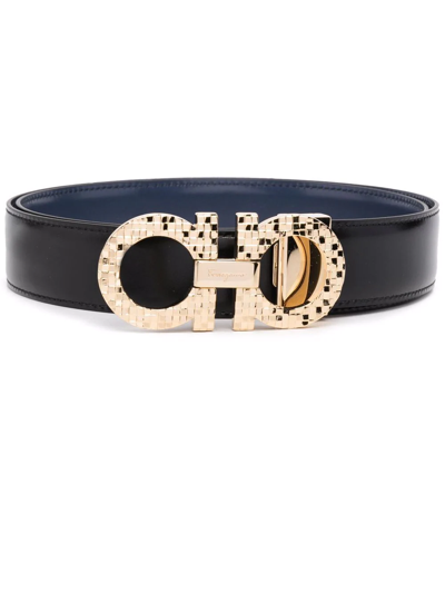 Ferragamo Reversible Checked Gancini-buckle Belt In Black