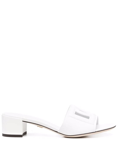 Dolce & Gabbana White Mules With Low Heel And Dg Millennials Detail In Smooth Leather