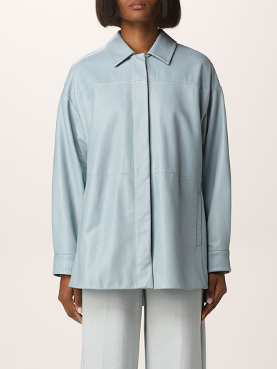 Max Mara Olivi Leather Oversized Jacket In Gnawed Blue