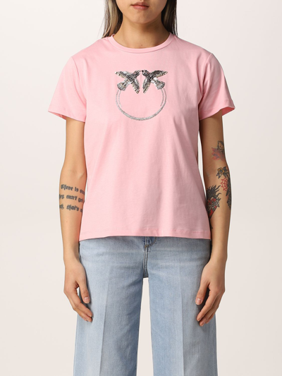 Pinko T-shirt With Love Birds Embroidery In Pink