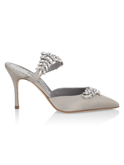 Manolo Blahnik Women's Lurum 90mm Embellished Satin Mules In Light Grey