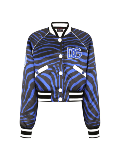 Dolce & Gabbana Cropped Zebra Print Bomber Jacket In Blue