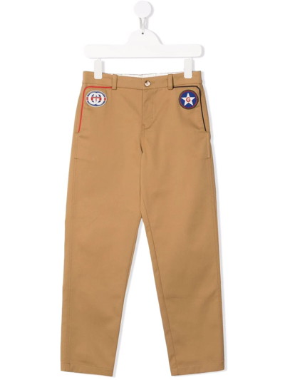 Gucci Kids' Logo-patch Straight-leg Trousers In Brown