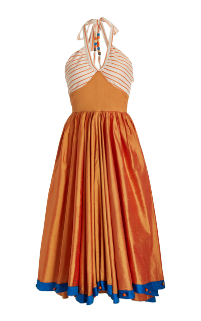 House Of Aama Beaded Silk-dupion And Linen Halterneck Dress In Orange