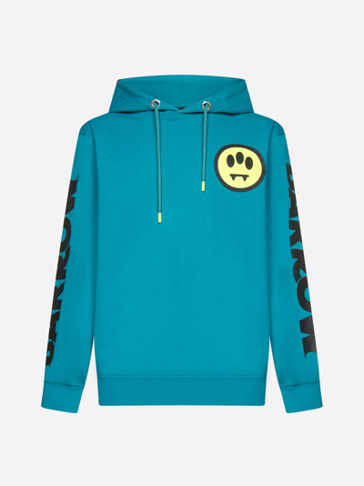 Barrow Unisex Emerald Green Hoodie With Screen Printing On Front And Sleeves In Light Blue