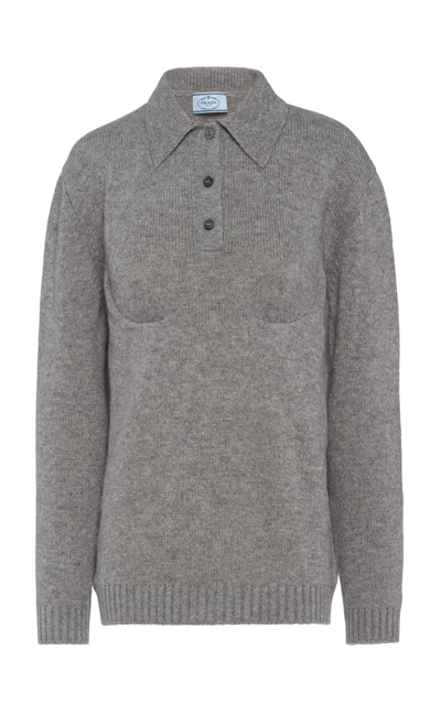 Prada Bra-detailed Cashmere Polo Sweater In Grey
