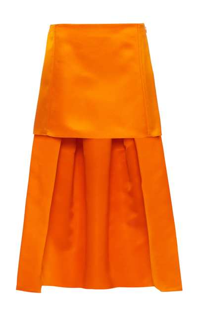 Prada Satin Mini Skirt W/ Pleated Train In Orange