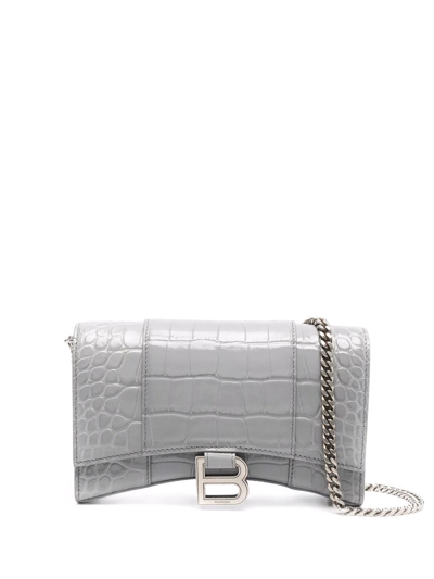 Balenciaga Hourglass Crocodile-effect Clutch Bag In Grau