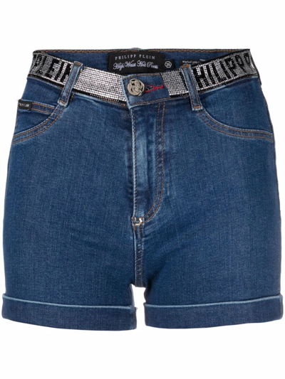 Philipp Plein Rhinestone Logo Waistband Denim Shorts In Blue