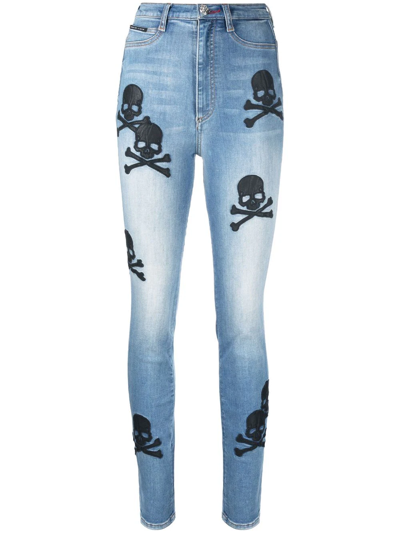 Philipp Plein 骷髅头贴花高腰紧身牛仔裤 In Blau