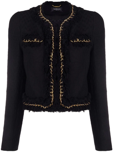 Versace Chain-trimmed Tweed Cropped Jacket In Black