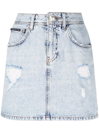 Philipp Plein Stud-detailing Distressed Mini Denim Skirt In Blue
