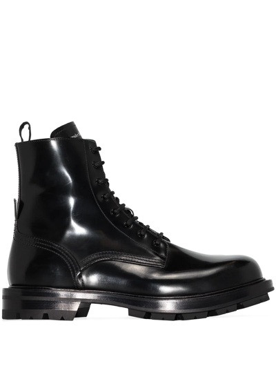 Alexander Mcqueen Men's Shiny Leather Combat Boot In Black