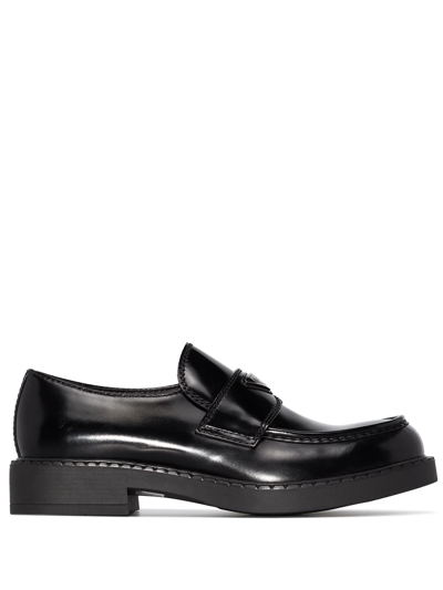 Prada Triangle Logo Chocolate Brushed Leather Loafers In Black