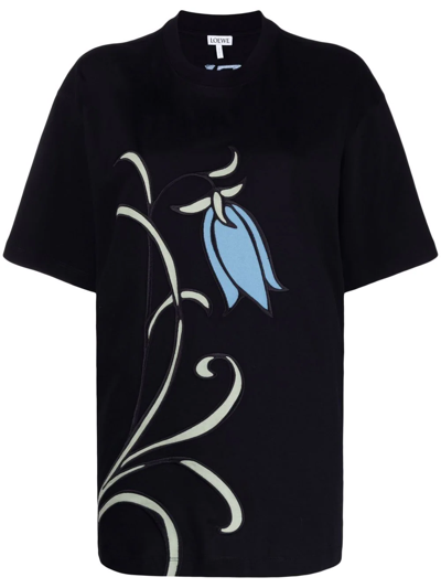 Loewe Herbarium Oversized Embroidered Appliquéd Cotton-blend Jersey T-shirt In Black