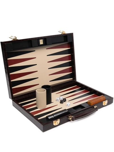 Aspinal Of London 17" Crocodile-embossed Backgammon Set In Braun