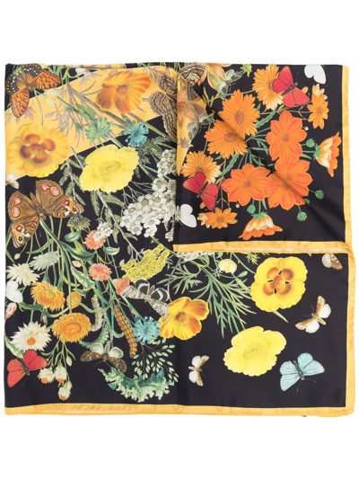 Aspinal Of London Botanical Print Silk Scarf In Black
