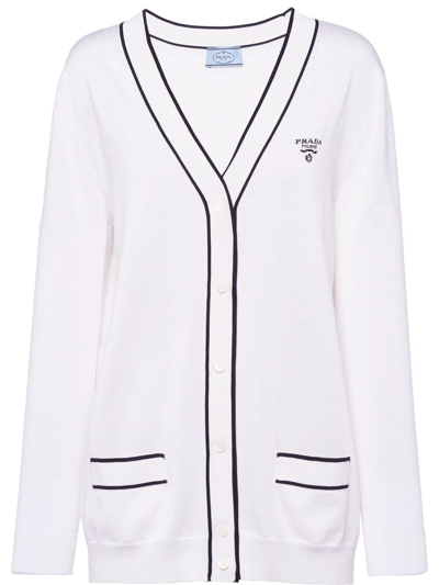 Prada Logo-knitted V-neck Cardigan In White/black