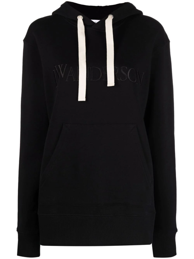 Jw Anderson Logo-embroidered Cotton-jersey Hoody In Black