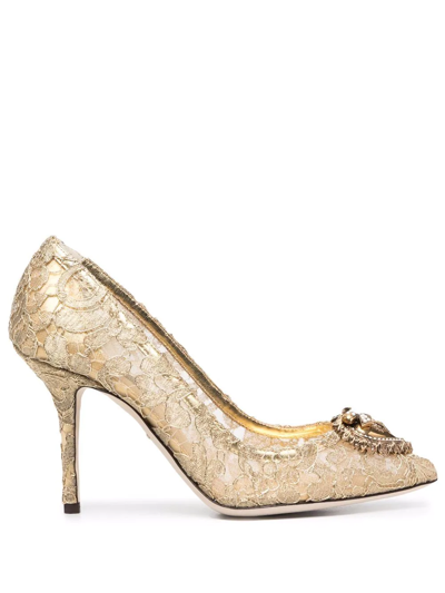 Dolce & Gabbana Logo-plaque Pointed-toe Pumps In Gold