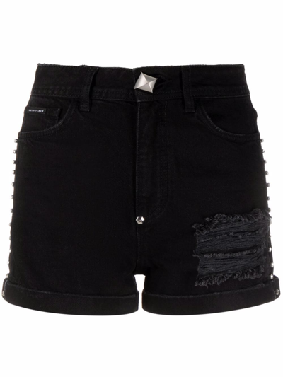 Philipp Plein Stones Denim Hot Pants In Schwarz