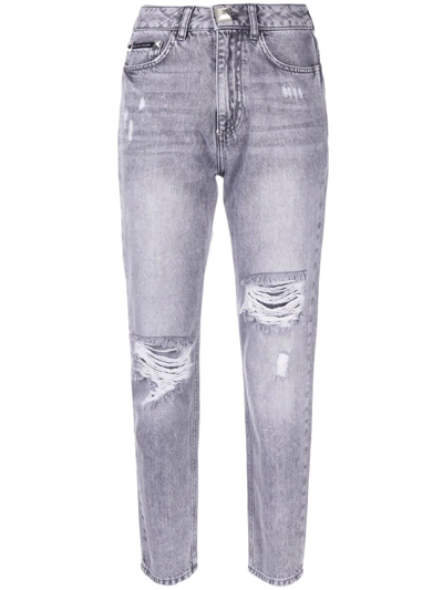 Philipp Plein Ripped Cropped Jeans In Grey