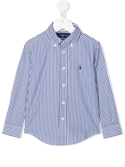 Ralph Lauren Kids White And Blue Striped Cotton Shirt With Embroidered Pony