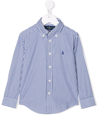 Ralph Lauren Kids White And Blue Striped Cotton Shirt With Embroidered Pony In White Navy