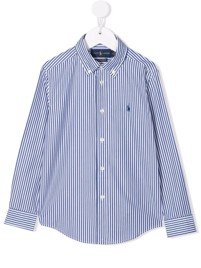 Ralph Lauren Kids White And Blue Striped Cotton Shirt With Embroidered Pony In White Navy