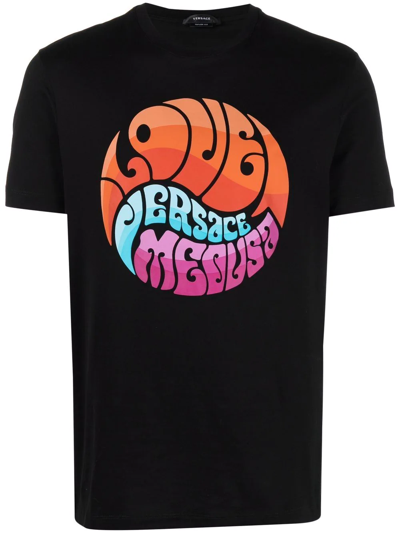 Versace Medusa Graphic Slogan-print T-shirt In Black,orange,blue