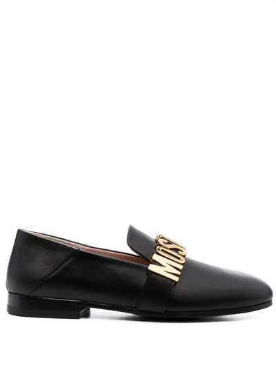 Moschino Logo Plaque Almond-toe Loafers In Black