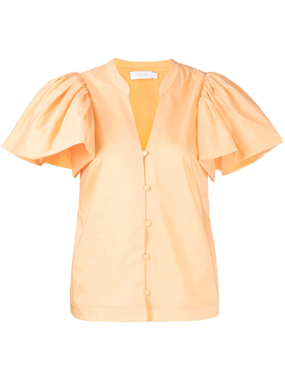 Jonathan Simkhai Hallie Ruched Poplin Puff-sleeve Top In Orange