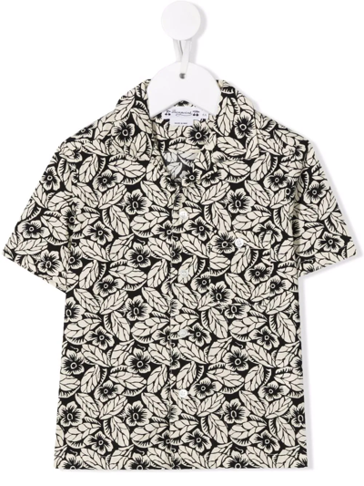 Bonpoint Kids' Steve Floral Print Short Sleeve Cotton Button-up Shirt In Black