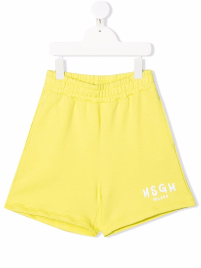 Msgm Kids' Logo-print Stretch Shorts In Yellow