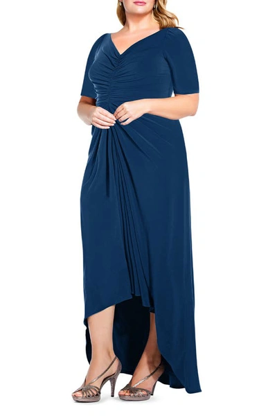 Adrianna Papell High/low V-neck Ruched Gown In Midnight Teal