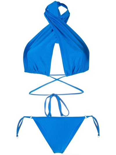 Noire Swimwear Shiny-finish Triangle-cup Bikini Set In Blau