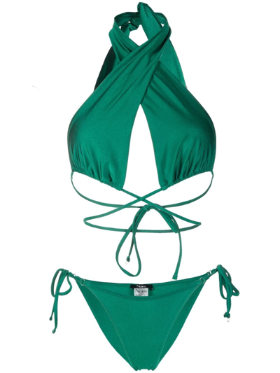 Noire Swimwear Satin-finish Triangle-cup Bikini Set In Grün