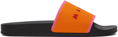 Marni Slide Logo-print Canvas And Rubber Slides In Light Orange Fuch