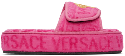 Versace Tessuto Logo-emrboidered Cotton Slippers In Pink