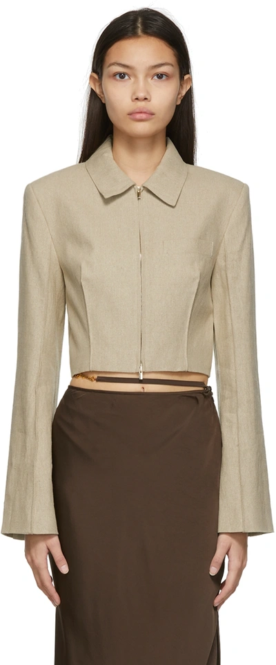 Jacquemus La Veste Limao Linen Zip Cropped Top In Beige