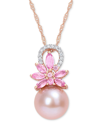 Macy's Pink Cultured Freshwater Pearl (9-1/2mm), Pink Sapphire (7/8 Ct. T.w.) & Diamond (1/20 Ct. T.w.) 17"